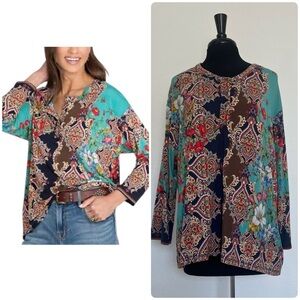 Johnny Was Teal and Navy Floral Paisley Long Sleeve Top